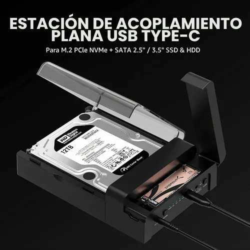 Vista 2 de SABRENT Lay Flat NVMe y SATA HDD/SSD Dock, USB-C 10Gbps (DS-UFNC)