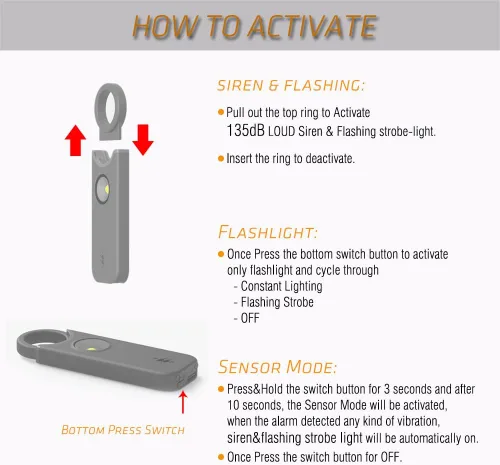 Vista 3 de Alarma de seguridad personal para mujeres, sirena fuerte de 135 dB con luz estroboscópica, advertencia acústica, alarma de seguridad de emergencia