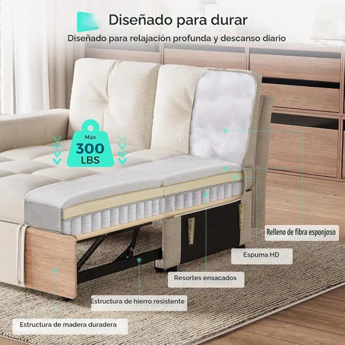 Vista 4 de LINSY HOME Modular Sectional Sofa Bed, Chenille Pull Out Couch 2 Seat Beige