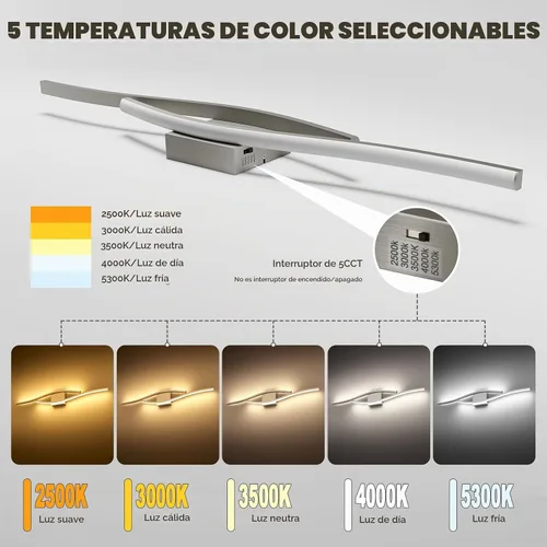 Vista 2 de Joossnwell Luces de tocador de níquel cepillado para accesorios de iluminación de baño, sobre espejo, regulables, 5CCT, moderno, lámpara de pared