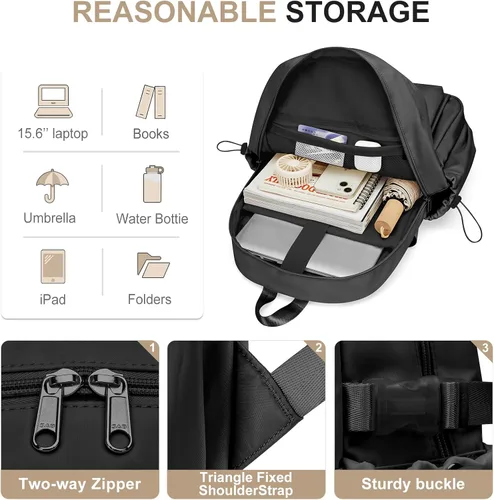 Vista 3 de Mochila escolar simple para mujeres, mochila universitaria ligera, bolsa de escuela secundaria para adolescentes, niños y niñas, a1-Negro