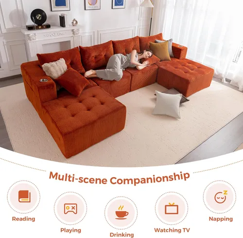 Vista 8 de MAXYOYO Sofá modular moderno en forma de U con 2 otomanas, sofá en una caja, silla copetuda de 6 asientos sin hueso para sala de estar, no requiere