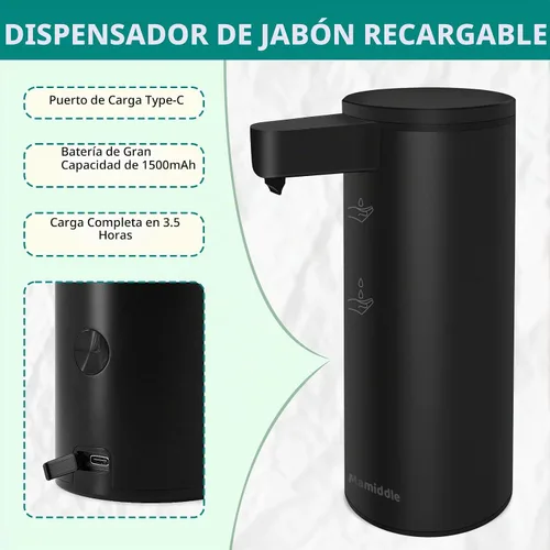 Vista 6 de Dispensador automático de jabón de acero inoxidable con sensor, dispensador de jabón infrarrojo, eléctrico, IPX5, impermeable, USB-C, sensor de Negro