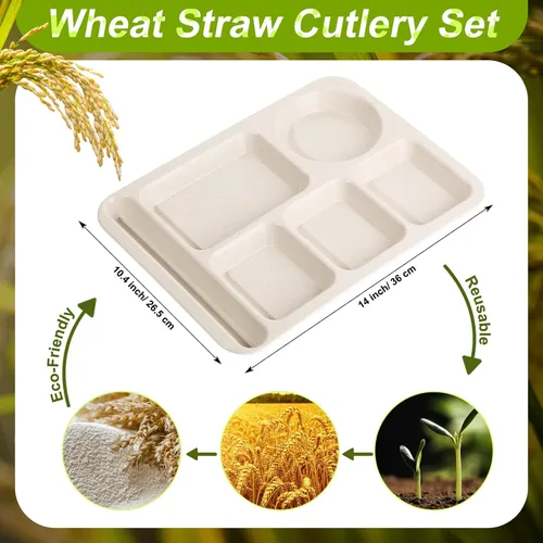 Vista 2 de Pinkunn 8 platos divididos irrompibles grandes de 14 pulgadas para niños y adultos, bandeja de paja de trigo apta para lavavajillas, microondas