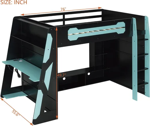 Vista 2 de Cama loft para juegos, cama alta de madera tamaño matrimonial con escritorio, estantes de almacenamiento múltiple y LED, azul nube