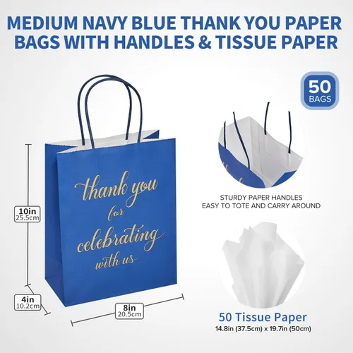 Vista 3 de DjinnGlory Paquete de 50 bolsas de regalo de papel de bienvenida de tamaño mediano color azul marino de 10 x 8 x 4 pulgadas, bolsas