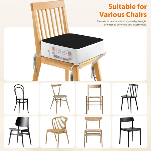 Vista 7 de Asiento elevador para silla de cocina, cojín de asiento elevado para niños Mesa de comedor de PU para niños pequeños con lazos y bolsillos
