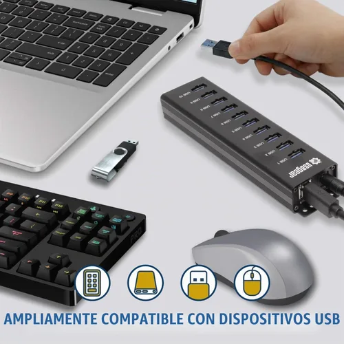 Vista 7 de USBGear Concentrador USB de 10 puertos 3.2 Gen 1 – Concentrador de datos supervelocidad montable con puertos USB para laptop, PC, escritorio y más