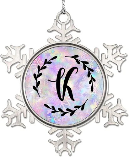 Vista 18 de Adorno de copo de nieve de letra A con inicial de copo de nieve, corona negra, adorno con monograma para decoración de árbol de Navidad, adornos