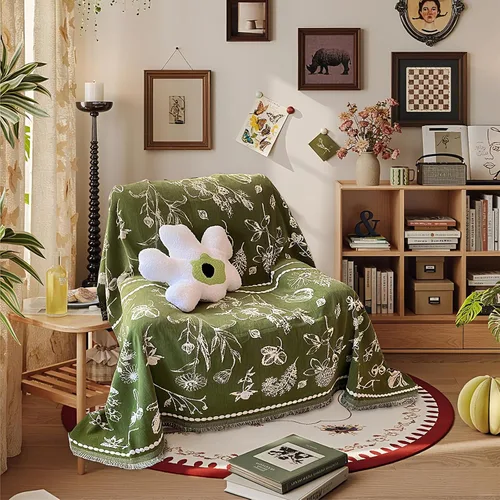 Vista 2 de DREAMINGO Funda para sillón reclinable con estampado floral verde y botánico de jacquard, 1 cojín, acogedora funda de felpilla para sala de estar