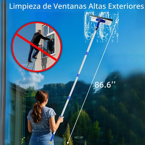 Vista 4 de Limpiador de limpiaparabrisas de 86.6 pulgadas, kit de herramientas de limpieza de ventanas 2 en 1, escobilla de ducha con poste de extensión