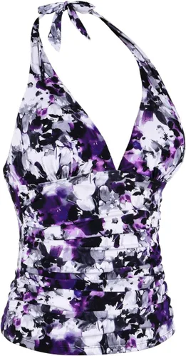 Vista 2 de Hilor - Parte superior de tankini para natación, con cuello profundo en V y halter, drapeado, para mujer