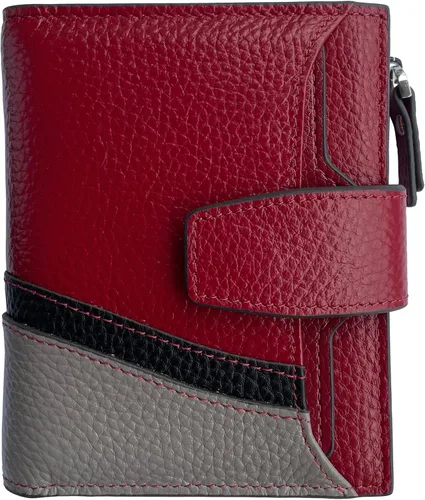 Vista 14 de Cartera de cuero con bloqueo RFID para mujer, pequeña, compacta, doble cremallera, con ventana para identificación