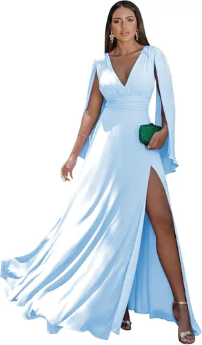 Vista 23 de Women's Long Sleeve Bridesmaid Dresses V-Neck Chiffon Ruched Formal Dress Evening Gown with Slit