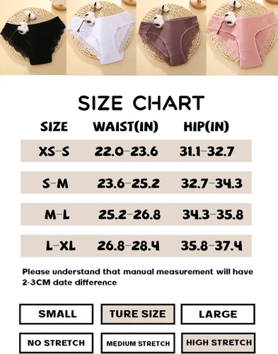 Vista 5 de FINETOO Ropa interior de algodón para mujer, sexy, de encaje, de tiro bajo, suave, elástico, de algodón, hipster, paquete de 4