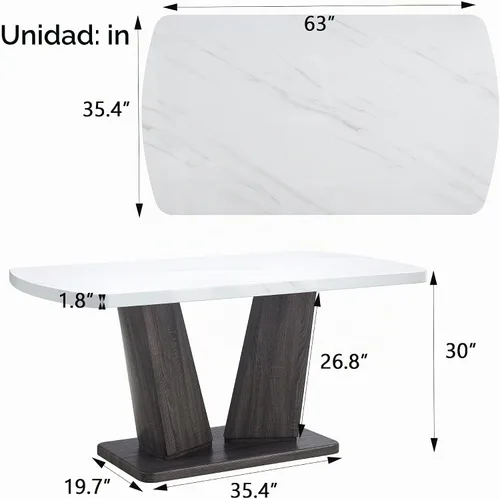 Vista 3 de Mesa de comedor de mármol, mesa de comedor moderna de 63 pulgadas, mesa de comedor blanca para 4-6, mesa de cocina de mármol blanco, mesa de comedor