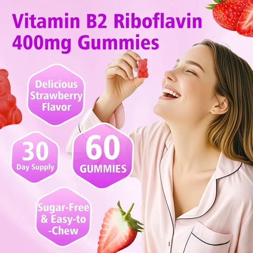 Vista 5 de Gomitas de vitamina B2, riboflavina de 400 mg con magnesio y CoQ10 y vitaminas para niños y adultos, alivio de migraña y alivio del dolor de cabeza