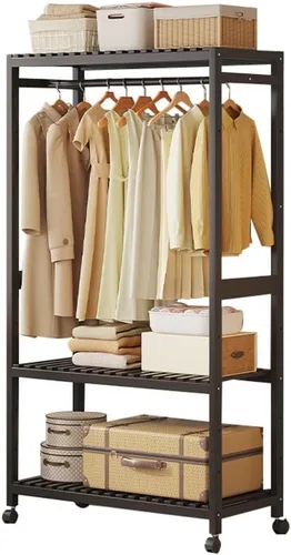 Vista 10 de Wooden Clothes Rail with Shelves,Bamboo Clothes Rack,Portable Open Wardrobe,Free Standing Clothes Rails for Bedroom,Garment Rack with 2 Storage