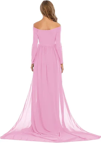 Vista 6 de ZIUMUDY Vestido de maternidad de manga larga con hombros descubiertos, vestido de gasa para sesión de fotos, baby shower
