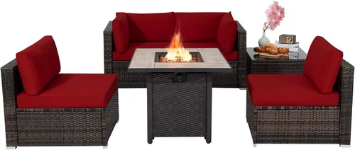 Vista 10 de Tangkula Patiojoy Juego de sofá de ratán para exteriores de 6 piezas con mesa de fuego de gas propano de 30 pulgadas, mesa de cerámica para fuego