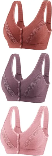 Vista 3 de Glamorette Snap Front Bra Older Women,Snap Front Bra, Sexy Lace Embroidered Bras,Pull-On Front Closure Button Bras 3 unidades de color negro.