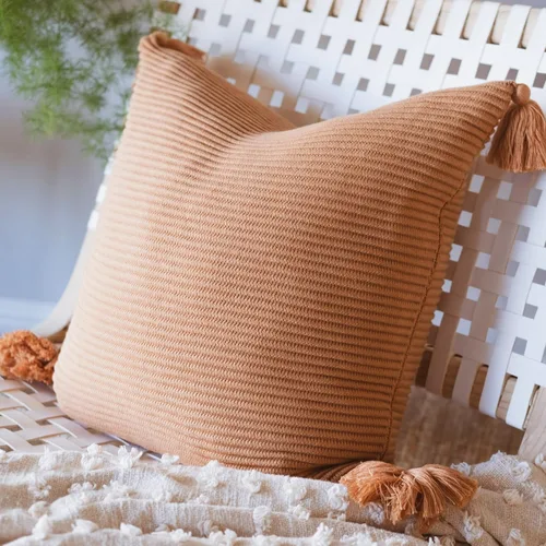 Vista 3 de Funda de Cojín Decorativo Boho 100% Algodón Suave Textura de Punto Acanalado con Borlas Hechas a Mano Acento Decorativo Acogedor