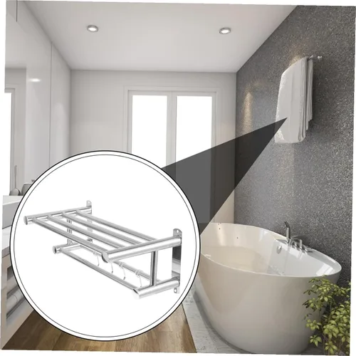 Vista 9 de OSALADI Toallero de baño con,Toallero de baño doble con estante, Toallero doble montado en la pared con estante Estante de baño de hotel de acero