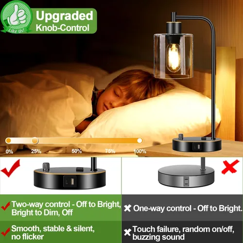 Vista 3 de Juego de 2 lámparas de mesa industriales negras y doradas con puerto USB, lámparas de noche regulables totalmente continuas para dormitorios Vidrio