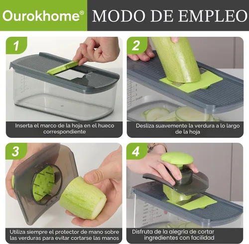 Vista 4 de Ourokhome Cortador de mandolina para cocina, rallador de verduras seguro para manos con 6 cuchillas de mandolina, cortador de gofres para papas