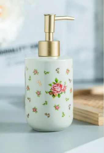 Vista 4 de Elegante dispensador de jabón de manos de cerámica recargable, vintage, rosa, baño, cocina, baño, encimera, platos, jabón y loción, dispensador
