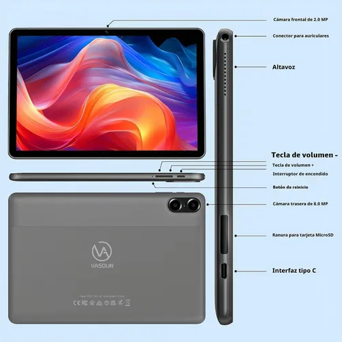 Vista 2 de VASOUN Tablet Android 13 de 10 pulgadas, (expansión de 4+4 GB) RAM 64 GB de almacenamiento 2 en 1 tabletas con WiFi 2.4/5G, BT 5.0, funda de cuero