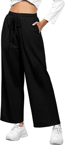 Vista 3 de Locoowai Paquete de 2 pantalones deportivos de pierna recta para mujer, con cordón, cintura elástica, holgados, pierna ancha, pantalones casuales