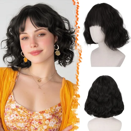 Vista 10 de BARSDAR Peluca corta ondulada con reflejos castaño, peluca corta ondulada con flequillo para mujer, gruesa, suave, sintética, texturizada, rizada