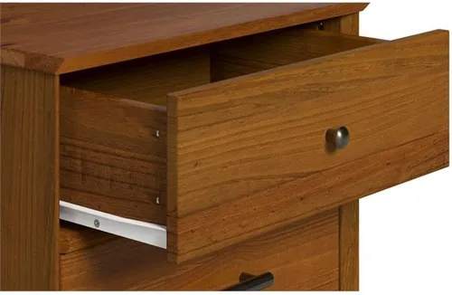 Vista 4 de Mesita de noche Mid-Century con dos cajones, fabricada con madera maciza, acabado castañón Castañho