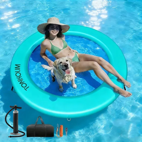 Vista 9 de Water Hammock Inflatable Dock, 3.8ft/6ft/8ft Floating Raft Circular Water Island, Float Rings Air Mesh Platform for Lake/River/Swim Pool