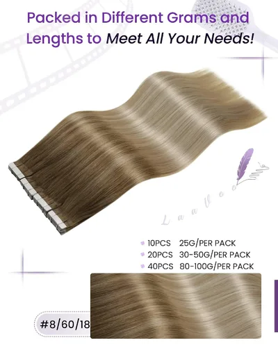 Vista 3 de LaaVoo - Extensiones de cabello humano con cinta adhesiva, color marrón a rubio ceniza, extensiones de cabello humano real, cintas en extensiones
