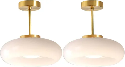 Vista 14 de Lámpara de techo empotrada de vidrio de leche, lámpara de techo moderna de mediados de siglo, lámpara de techo de cúpula de vidrio de latón dorado