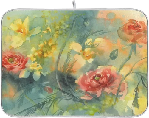 Vista 25 de Tapete de secado de platos de flores de fondo negro para encimera de cocina de 18 x 24 pulgadas, tapete de microfibra absorbente, tapete de secado
