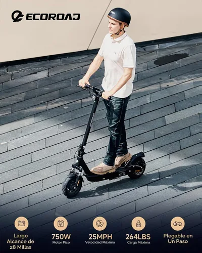 Vista 2 de ECOROAD Scooter eléctrico para adultos, motor de 750 W y 25 MPH y 30-35 millas de largo alcance, neumáticos de 8.5 y 10 pulgadas con doble