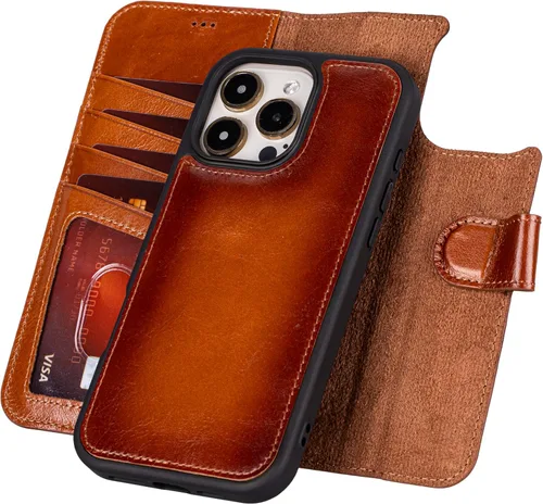 Vista 26 de Bayelon Funda tipo cartera para iPhone 15 Pro, cartera de cuero de grano completo, funda magnética desmontable, tarjetero, funda tipo cartera