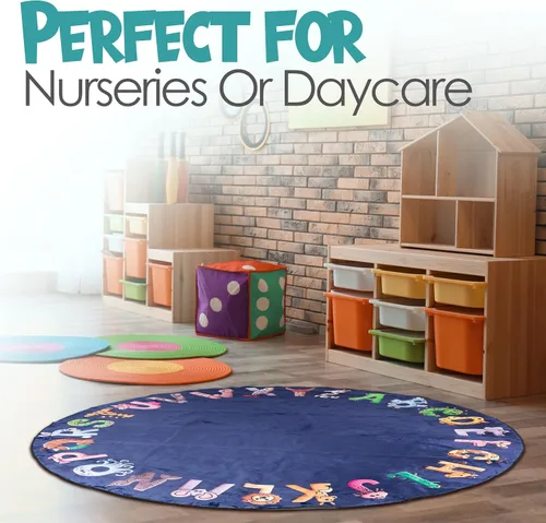 Vista 7 de ABC - Alfombra del alfabeto para niños, alfombra de juego redonda azul de 6 pies para niños pequeños y bebés, decoración suave para el cuarto