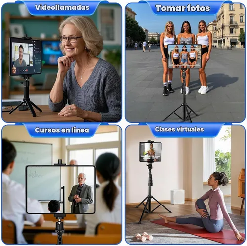 Vista 7 de Adaptador de montaje de trípode para iPad con cabeza esférica, soporte universal de abrazadera giratoria 360 con control remoto Bluetooth para iPad