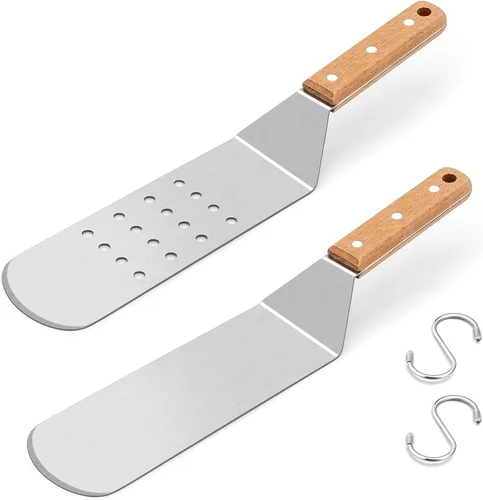 Vista 8 de HaSteeL Espátula de plancha de metal, acero inoxidable larga con mango remachado, girador de hamburguesas perforado resistente y sólido para cocinar