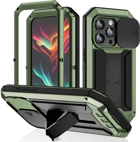Vista 16 de Simicoo Funda compatible con iPhone 14 con protector de cámara de pantalla con función atril, resistente al agua, de metal militar, resistente