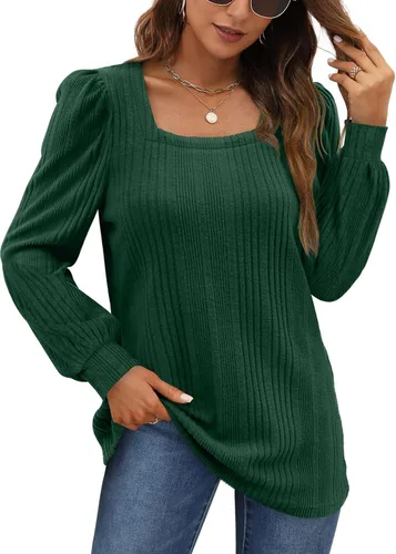 Vista 2 de WIHOLL Camisetas tipo túnica para mujer, ajuste holgado, manga larga, cuello cuadrado