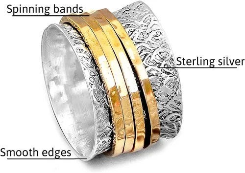 Vista 3 de Boho-Magic Anillo giratorio de plata de ley 925 para mujer con 4 anillos de latón para ansiedad, banda ancha gruesa, Metal