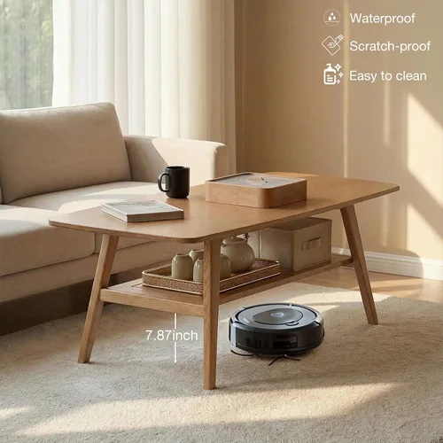 Vista 7 de Mesa de centro moderna de mediados de siglo: mesa de centro 100% de madera maciza, diseño de almacenamiento de 2 niveles, mesas de centro pequeñas