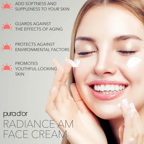 Vista 3 de PURA D'OR Crema facial Radiant Glow AM de 1.7 onzas, azul de metileno, polifenoles, flavonoides, extracto de células madre de manzana, hidratante