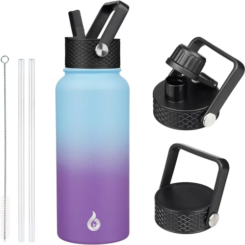 Vista 18 de BJPKPK Botellas de Agua Aisladas con Tapa de Pajita, Botella de Agua de Acero Inoxidable de 18oz, Termo Frío Caliente con 3 Tapas, Vaso de Viaje a
