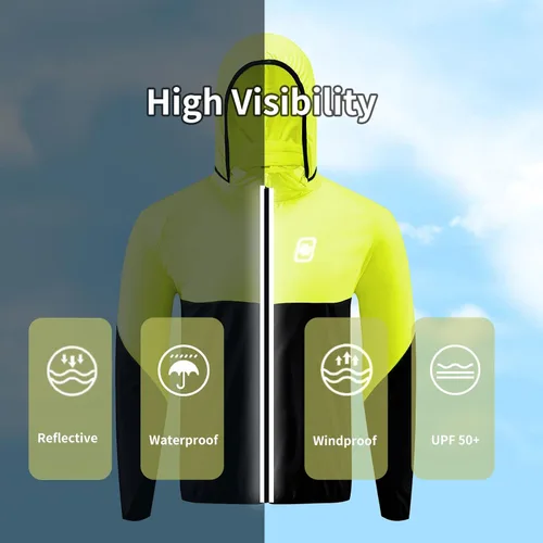 Vista 5 de Chaqueta de lluvia para hombre con capucha, impermeable, rompevientos, ligera, para senderismo, impermeable, reflectante